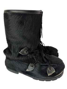 FLAWED Bilodeau Genuine Fur Winter Boots Womens 6 Black Arctic Heritage Canadian